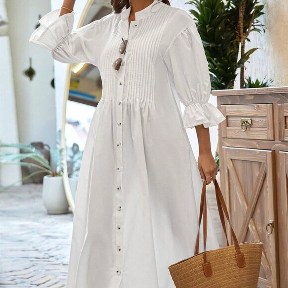 White Casual Women's Loose Fit Dress With Pleated Collar And Flared Sleeves - Picture 3 of 7